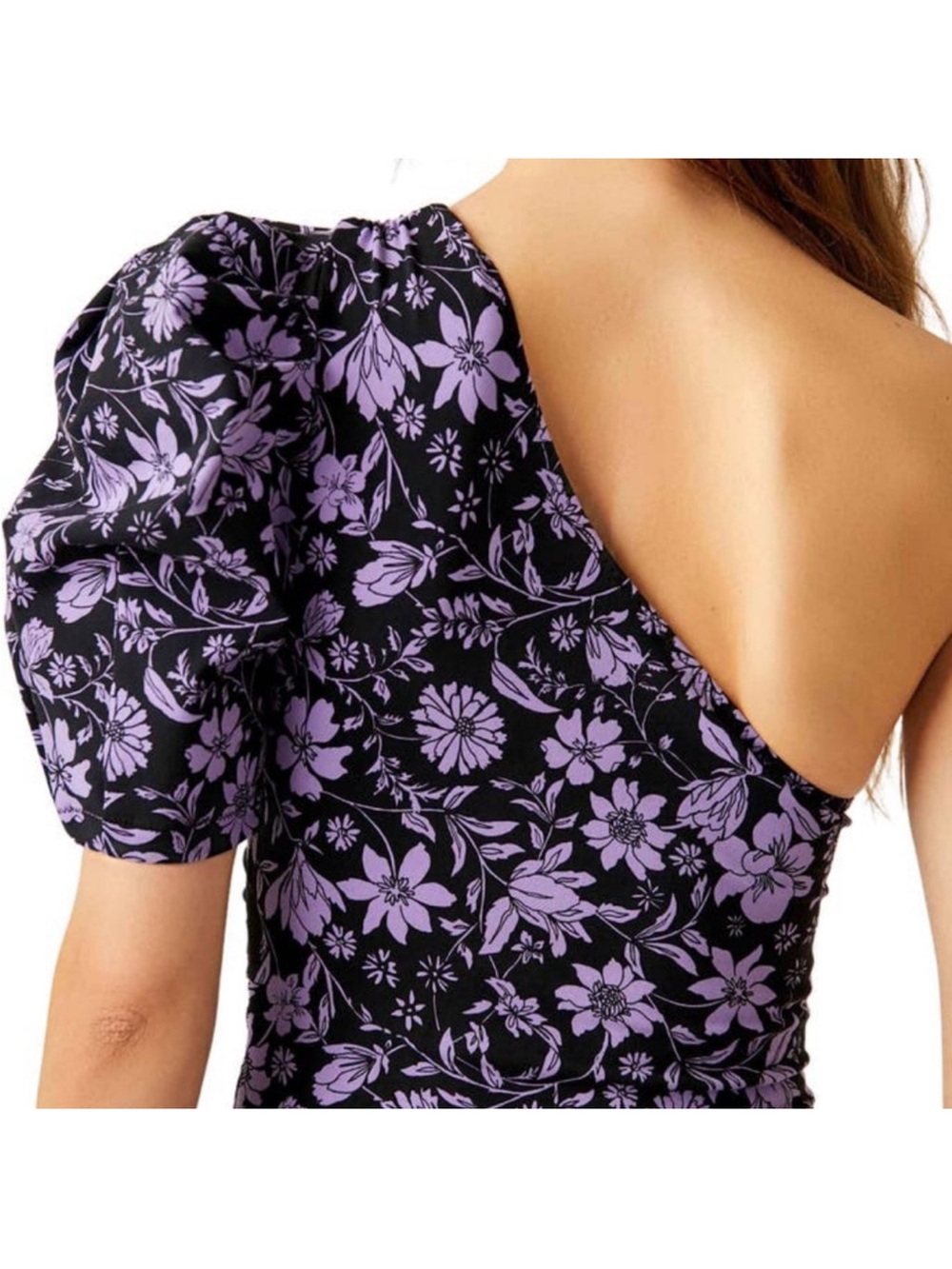 Free People One-Shoulder Puff Sleeve Floral Bodysuit - Purple/Black